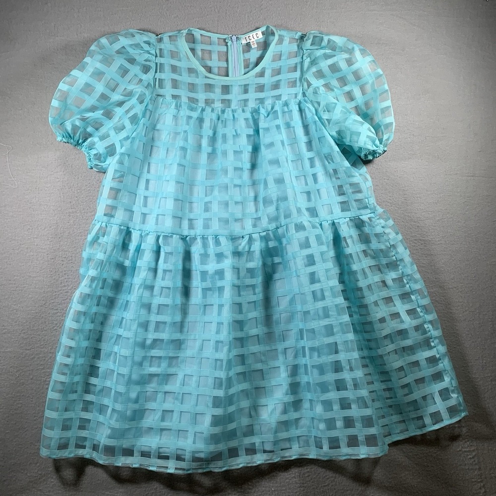 T C E C  Dress Women's Large Aqua blue Mini Gridded Organza